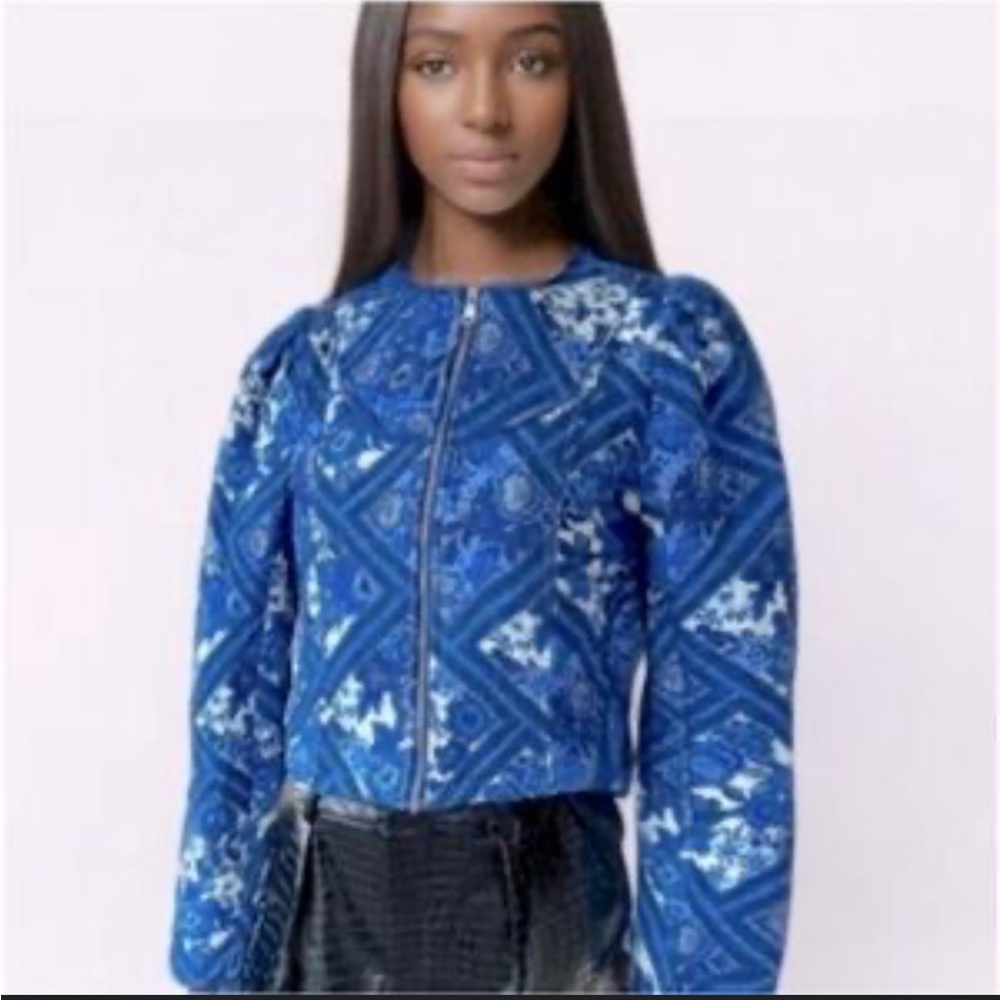 7 For All Mankind Blue Floral and Geometric Bomber Jacket, Size M
